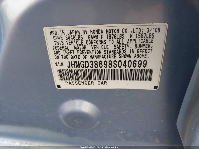 2008 Honda Fit Sport VIN: JHMGD38698S040699 Lot: 43295257