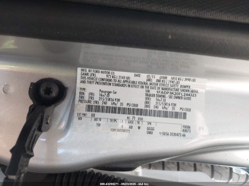 2015 Ford Focus Se VIN: 1FADP3K20FL244323 Lot: 43295271