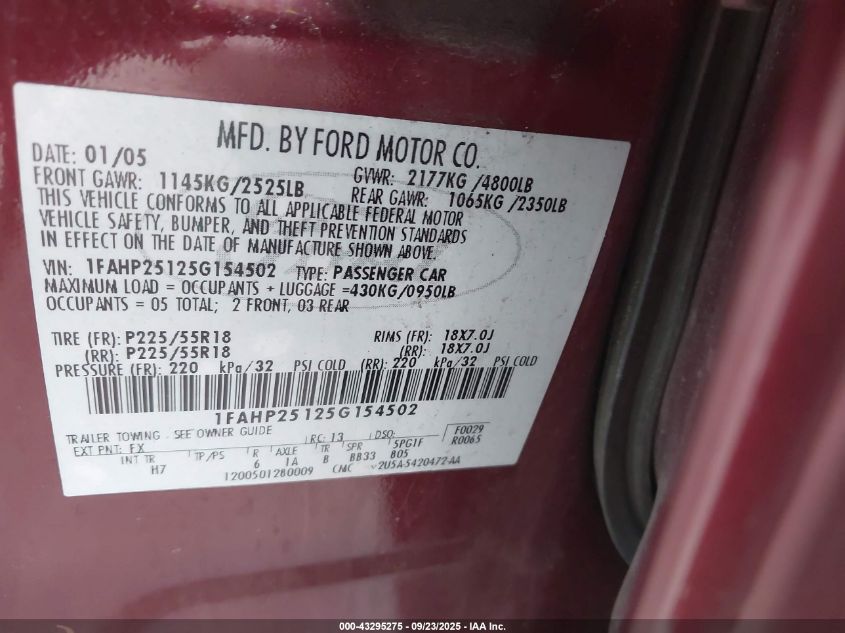 2005 Ford Five Hundred Limited VIN: 1FAHP25125G154502 Lot: 43295275
