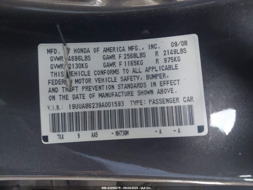 2009 Acura Tl 3.5 VIN: 19UUA86239A001593 Lot: 43295279