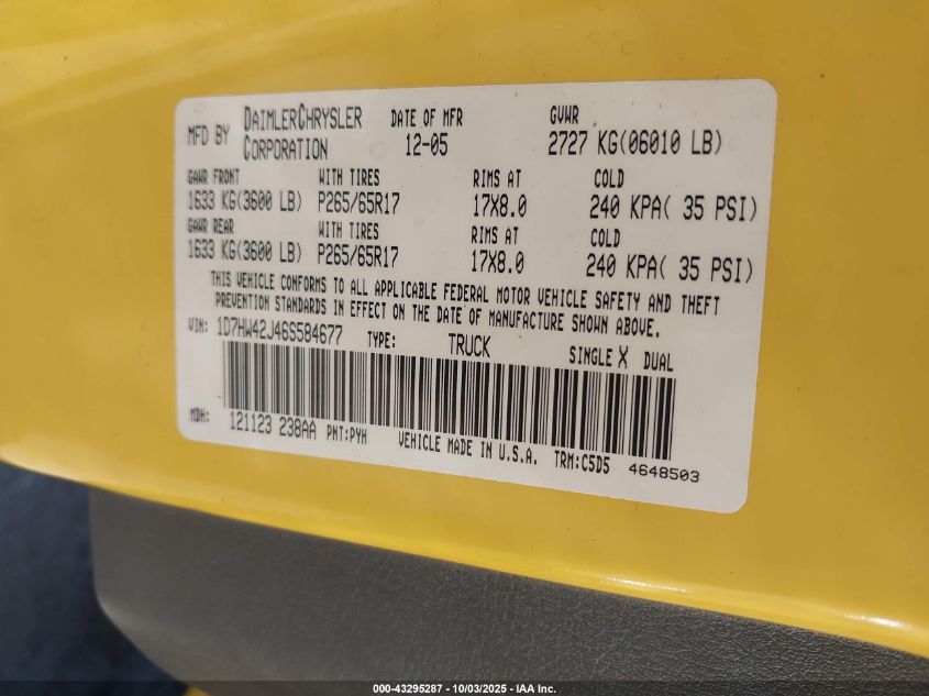 2006 Dodge Dakota Slt VIN: 1D7HW42J46S584677 Lot: 43295287