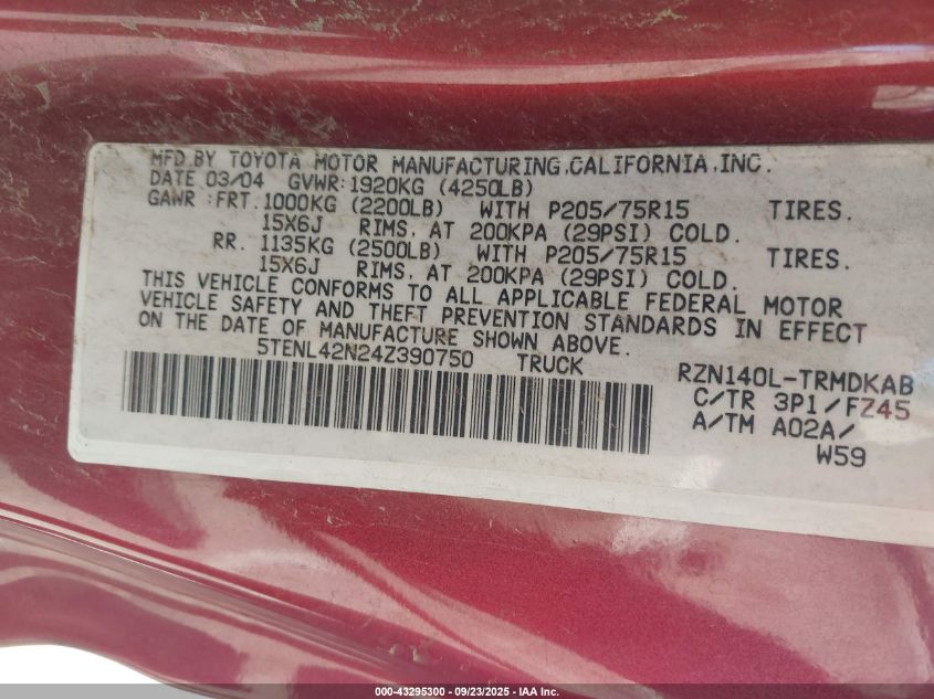 2004 Toyota Tacoma VIN: 5TENL42N24Z390750 Lot: 43295300