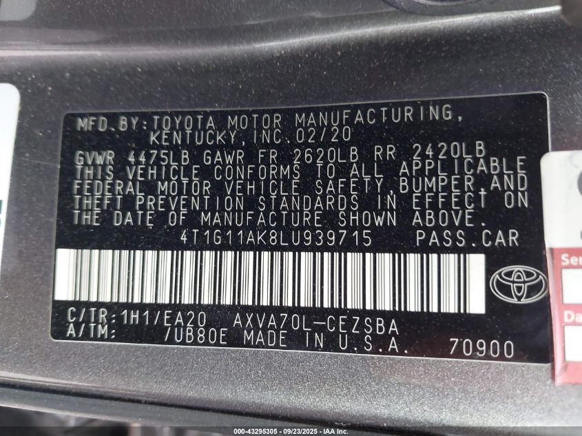 2020 Toyota Camry Se VIN: 4T1G11AK8LU939715 Lot: 43295305