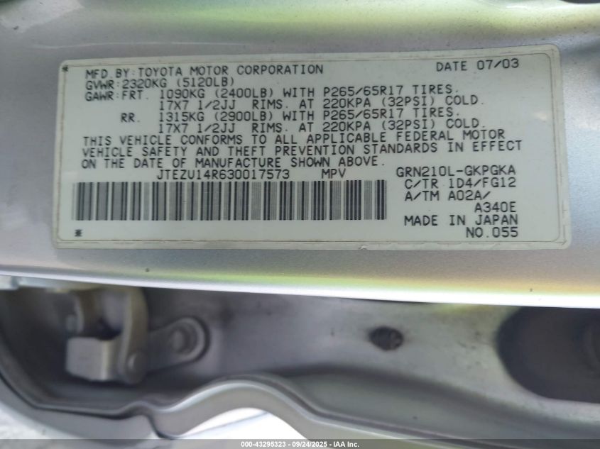 2003 Toyota 4Runner Sr5 V6 VIN: JTEZU14R630017573 Lot: 43295323