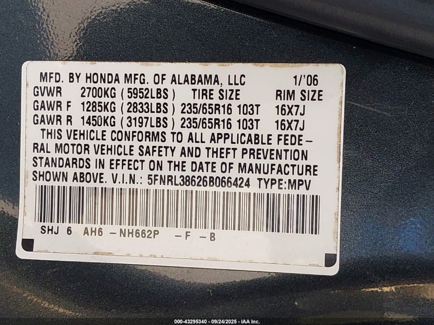 2006 Honda Odyssey Ex-L VIN: 5FNRL38626B066424 Lot: 43295340