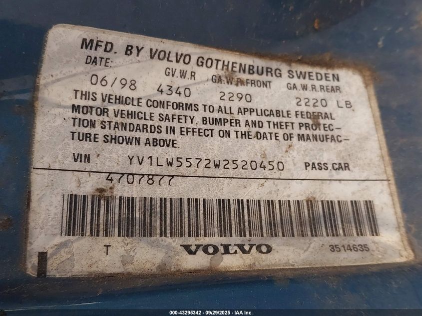 1998 Volvo V70 Gtas/Gtms VIN: YV1LW5572W2520450 Lot: 43295342
