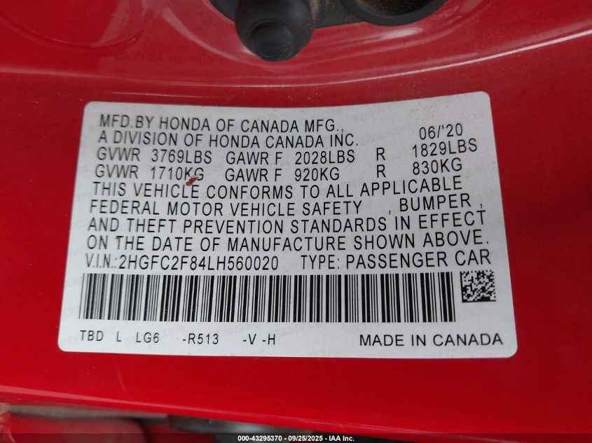 2020 Honda Civic Sport VIN: 2HGFC2F84LH560020 Lot: 43295370