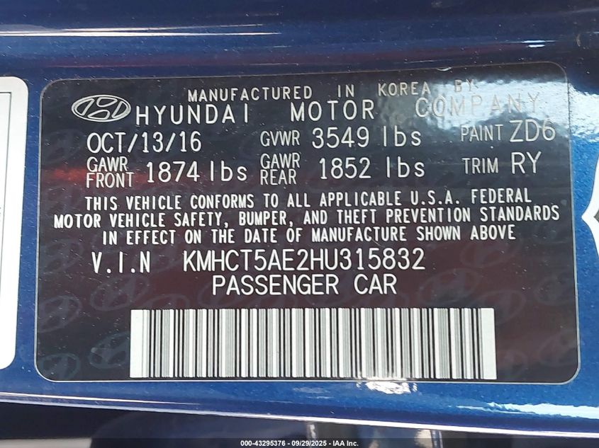 2017 Hyundai Accent Se VIN: KMHCT5AE2HU315832 Lot: 43295376