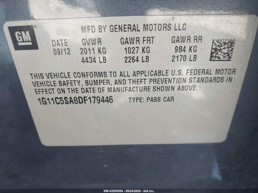 2013 Chevrolet Malibu 1Lt VIN: 1G11C5SA8DF179446 Lot: 43295384