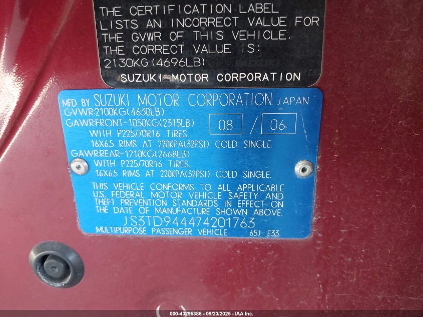 2007 Suzuki Grand Vitara Xsport VIN: JS3TD944474201763 Lot: 43295386