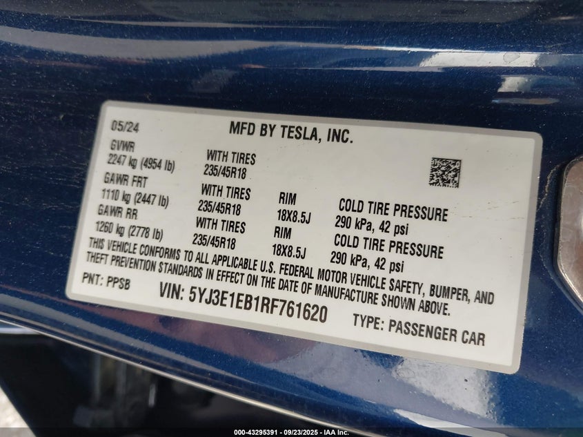 2024 Tesla Model 3 Long Range Dual Motor All-Wheel Drive VIN: 5YJ3E1EB1RF761620 Lot: 43295391