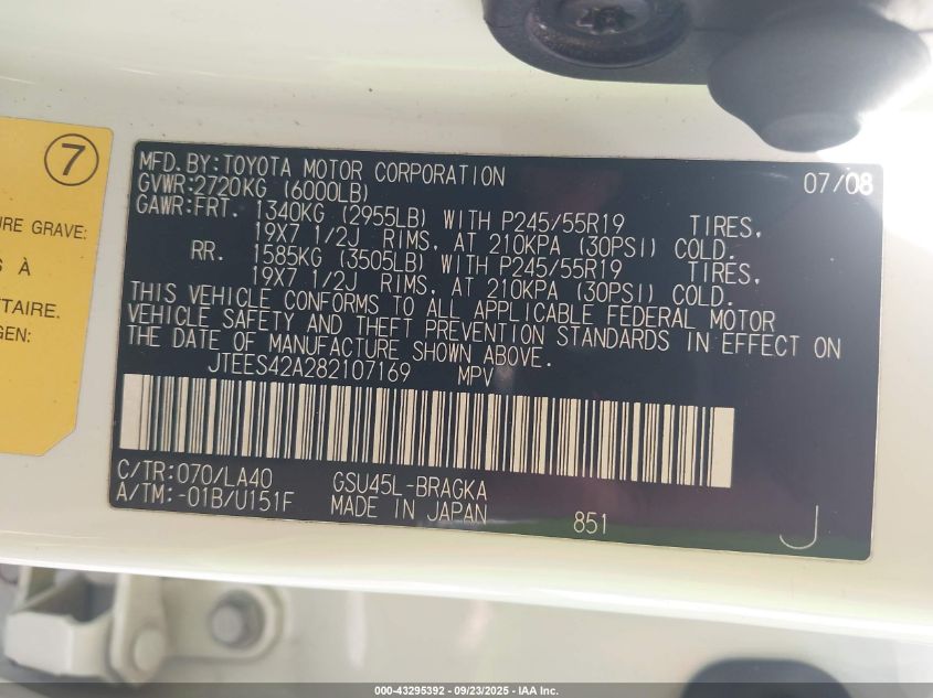 2008 Toyota Highlander Limited VIN: JTEES42A282107169 Lot: 43295392