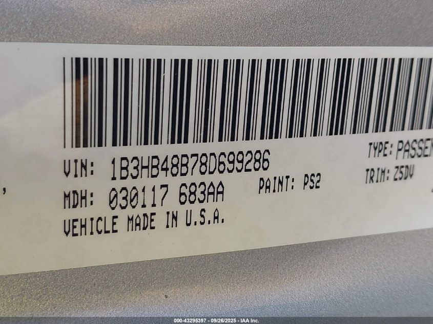 2008 Dodge Caliber Sxt VIN: 1B3HB48B78D699286 Lot: 43295397