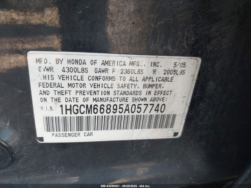 2005 Honda Accord 3.0 Ex VIN: 1HGCM66895A057740 Lot: 43295401