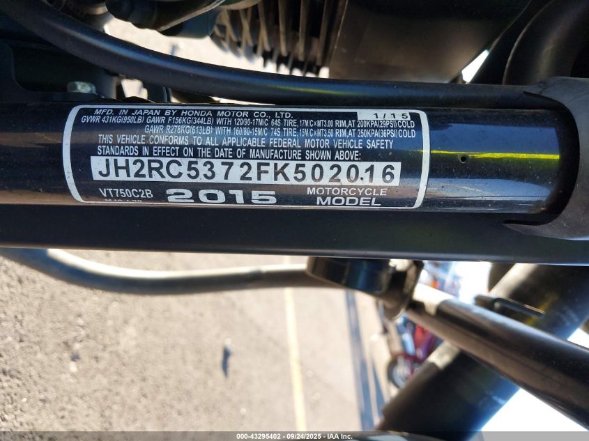 2015 Honda Vt750 C2B VIN: JH2RC5372FK502016 Lot: 43295402