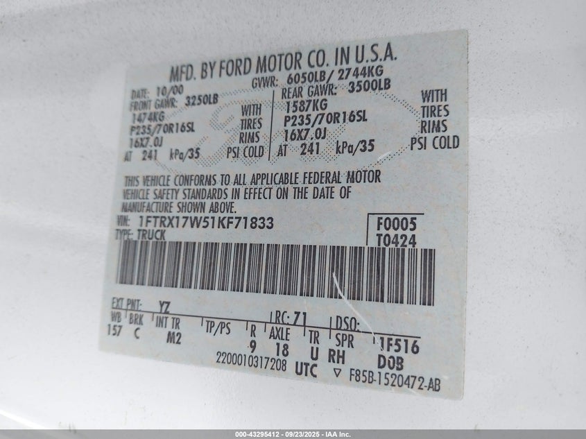 2001 Ford F-150 Lariat/Xl/Xlt VIN: 1FTRX17W51KF71833 Lot: 43295412