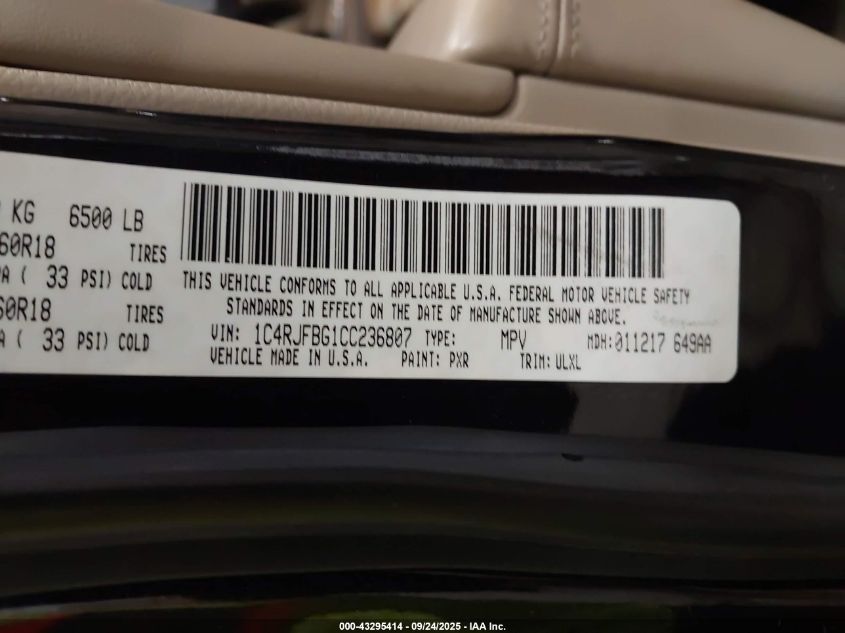 2012 Jeep Grand Cherokee Limited VIN: 1C4RJFBG1CC236807 Lot: 43295414