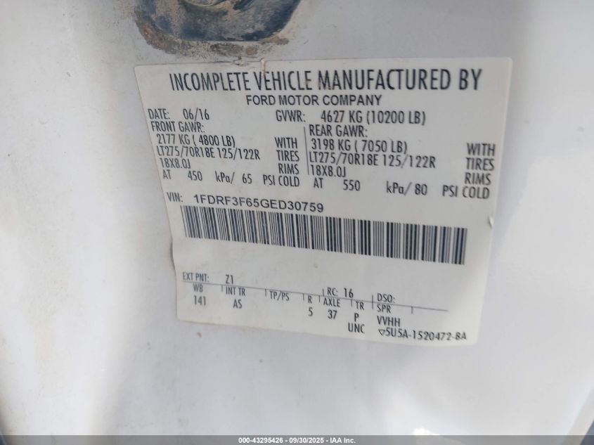 2016 Ford F-350 Chassis Xl VIN: 1FDRF3F65GED30759 Lot: 43295426