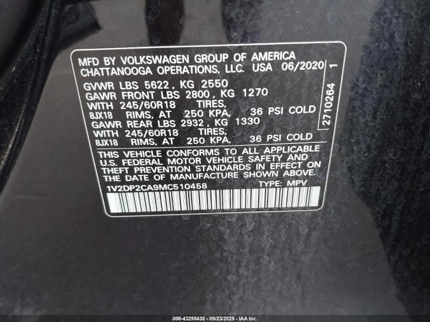 2021 Volkswagen Atlas 2.0T Se VIN: 1V2DP2CA9MC510458 Lot: 43295438