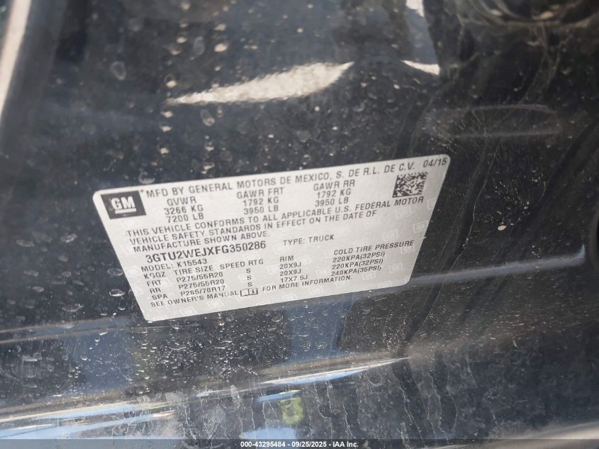 2015 GMC Sierra 1500 Denali VIN: 3GTU2WEJXFG350286 Lot: 43295484
