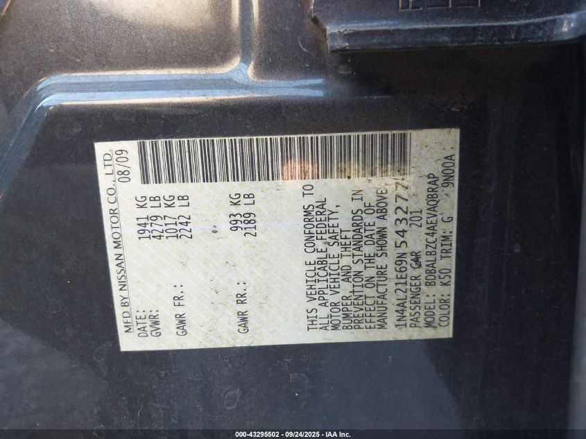 2009 Nissan Altima 2.5 S VIN: 1N4AL21E69N543277 Lot: 43295502