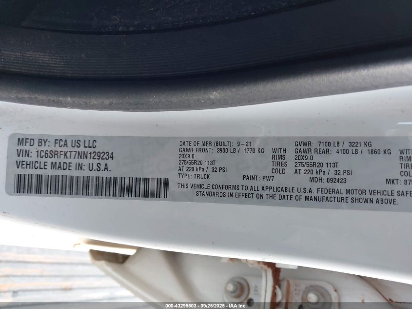 2022 Ram 1500 VIN: 1C6SRFKT7NN129234 Lot: 43295503