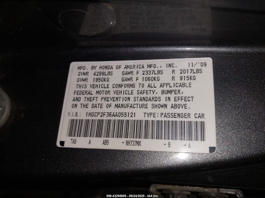 2010 Honda Accord 2.4 Lx VIN: 1HGCP2F36AA055121 Lot: 43295505