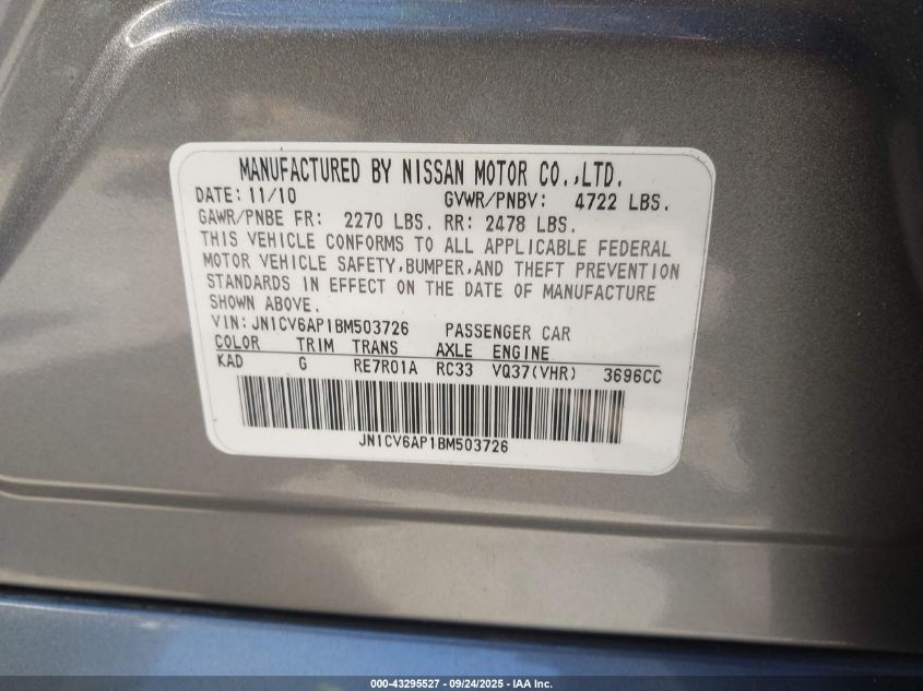 2011 Infiniti G37 Journey VIN: JN1CV6AP1BM503726 Lot: 43295527
