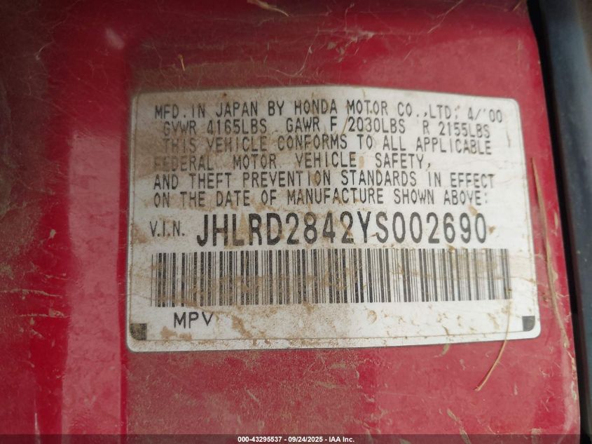 2000 Honda Cr-V Lx VIN: JHLRD2842YS002690 Lot: 43295537