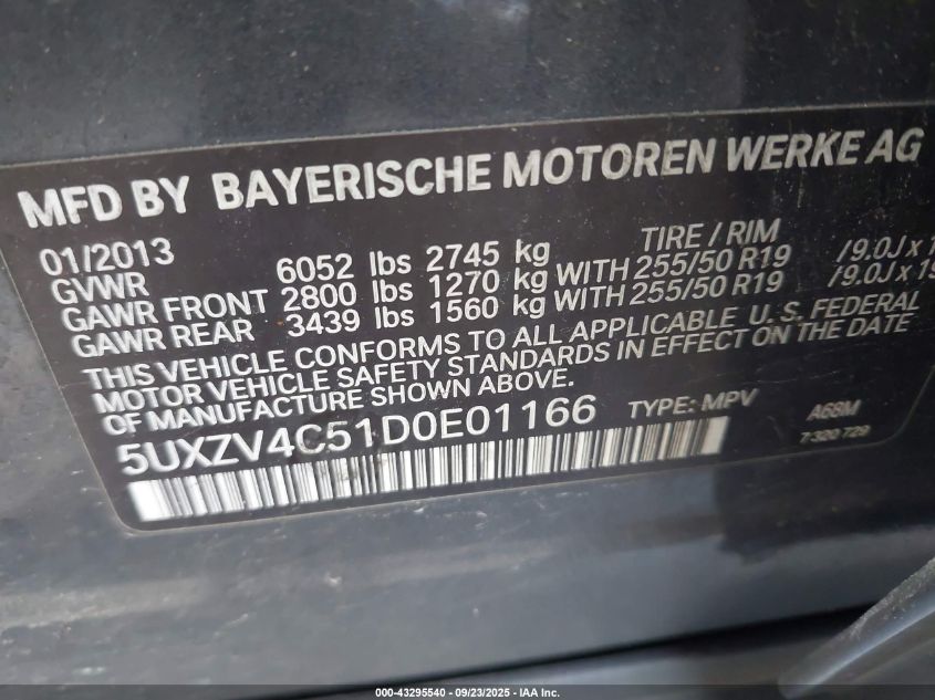 2013 BMW X5 xDrive35I/xDrive35I Premium/xDrive35I Sport Activity VIN: 5UXZV4C51D0E01166 Lot: 43295540