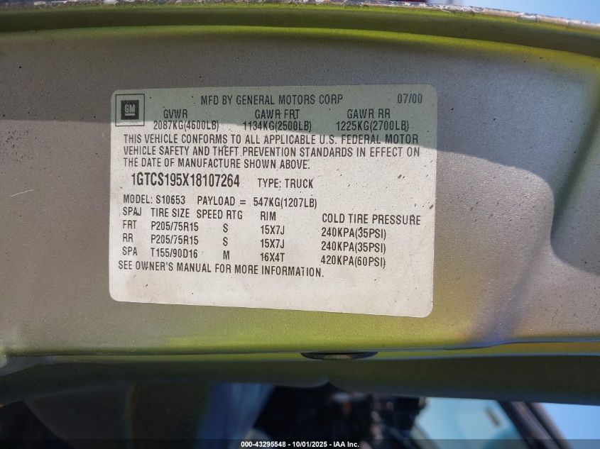 2001 GMC Sonoma Sl VIN: 1GTCS195X18107264 Lot: 43295548