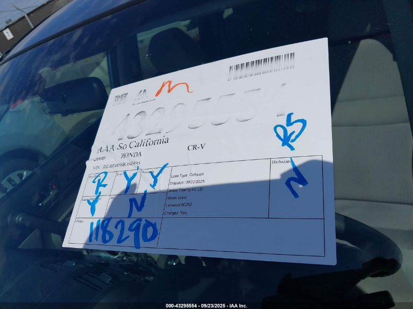2008 Honda Cr-V Ex VIN: JHLRE48568C043495 Lot: 43295554