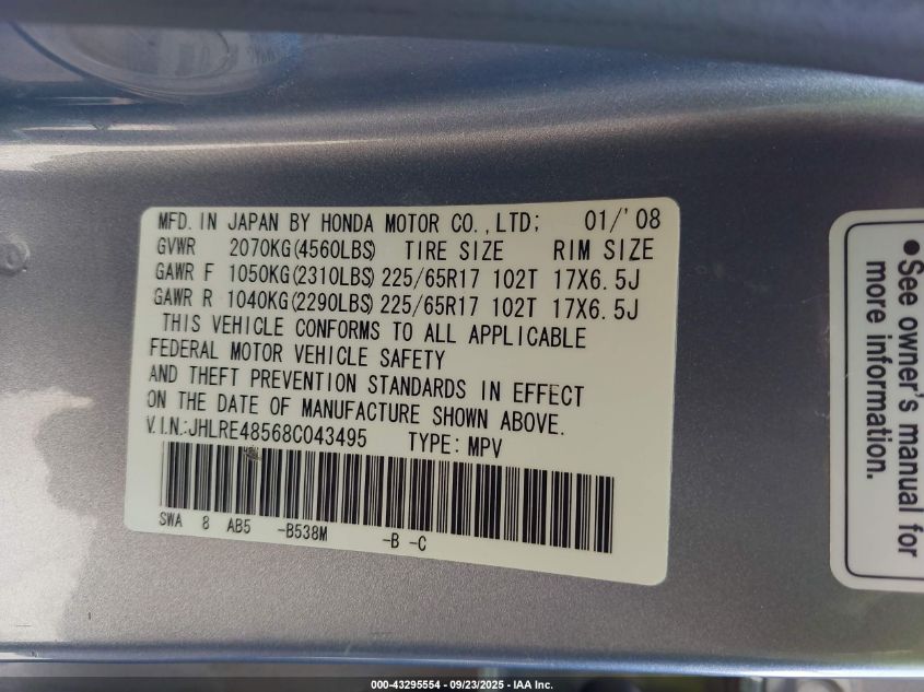 2008 Honda Cr-V Ex VIN: JHLRE48568C043495 Lot: 43295554