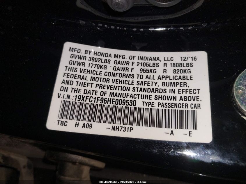 2017 Honda Civic Touring VIN: 19XFC1F96HE009530 Lot: 43295560