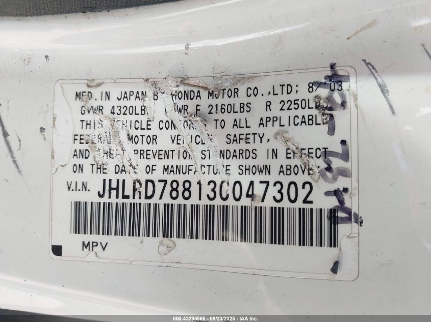 2003 Honda Cr-V Ex VIN: JHLRD78813C047302 Lot: 43295565