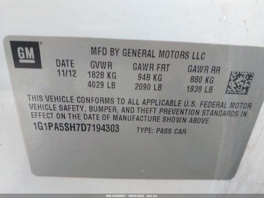 2013 Chevrolet Cruze Ls Auto VIN: 1G1PA5SH7D7194303 Lot: 43295567