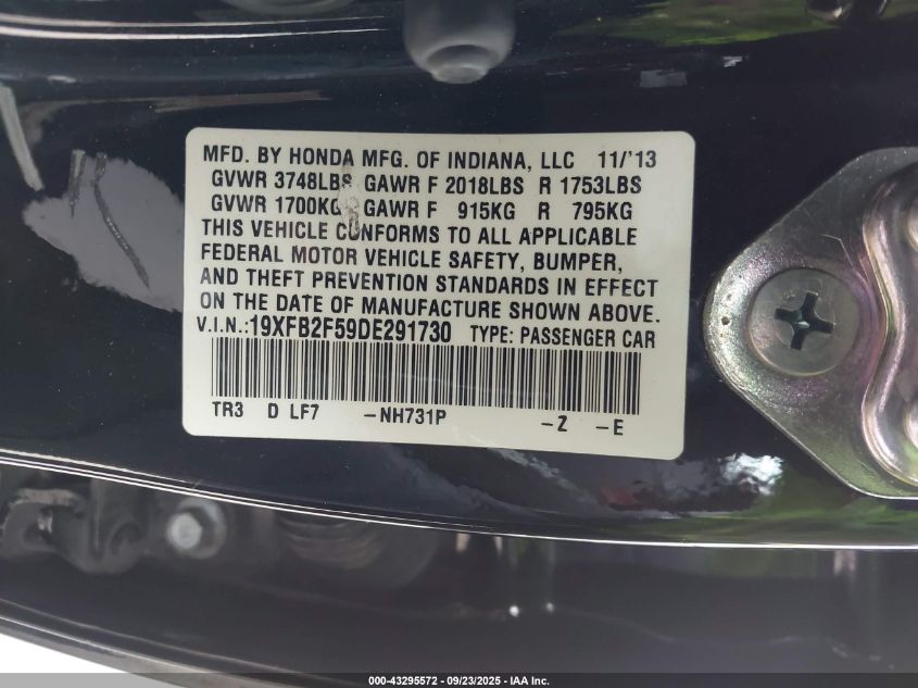 2013 Honda Civic Lx VIN: 19XFB2F59DE291730 Lot: 43295572