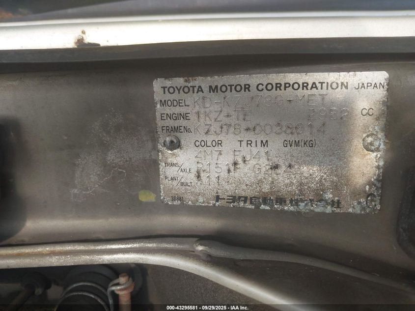 1995 Toyota Land Cruis VIN: KZJ780038014 Lot: 43295581