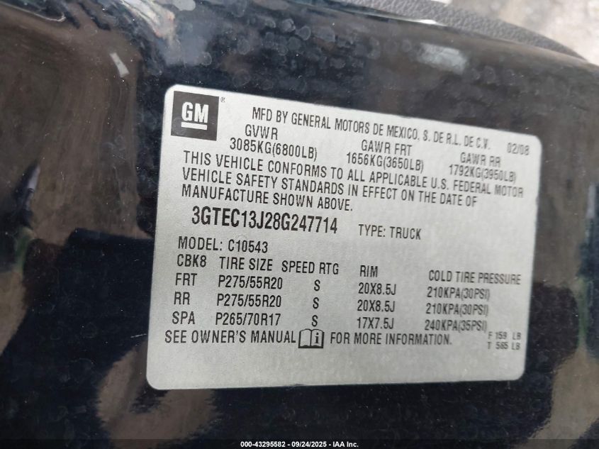 2008 GMC Sierra 1500 Sle1 VIN: 3GTEC13J28G247714 Lot: 43295582