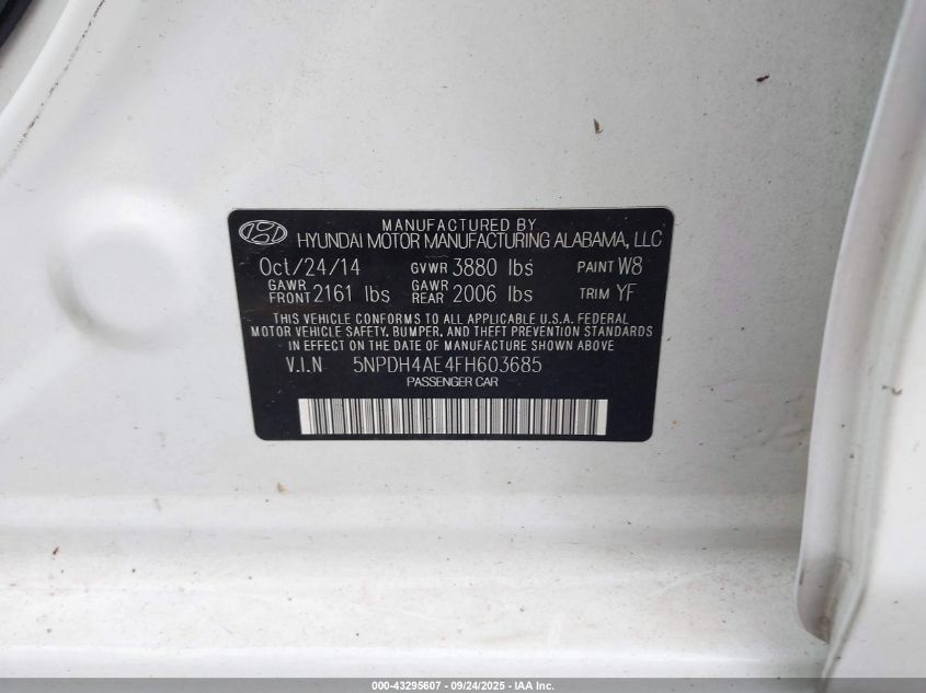 2015 Hyundai Elantra Se VIN: 5NPDH4AE4FH603685 Lot: 43295607