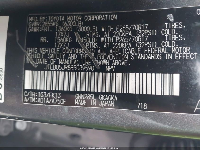 2011 Toyota 4Runner Sr5 V6 VIN: JTEBU5JR8B5039590 Lot: 43295618