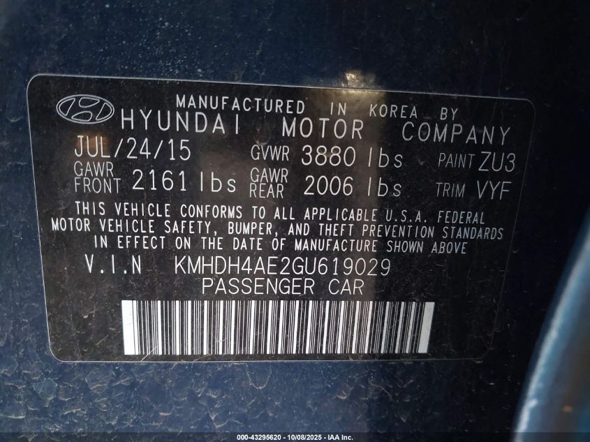 2016 Hyundai Elantra Se VIN: KMHDH4AE2GU619029 Lot: 43295620
