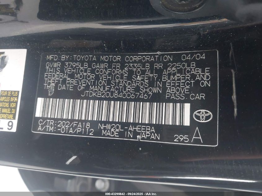 2004 Toyota Prius VIN: JTDKB20U840067467 Lot: 43295642