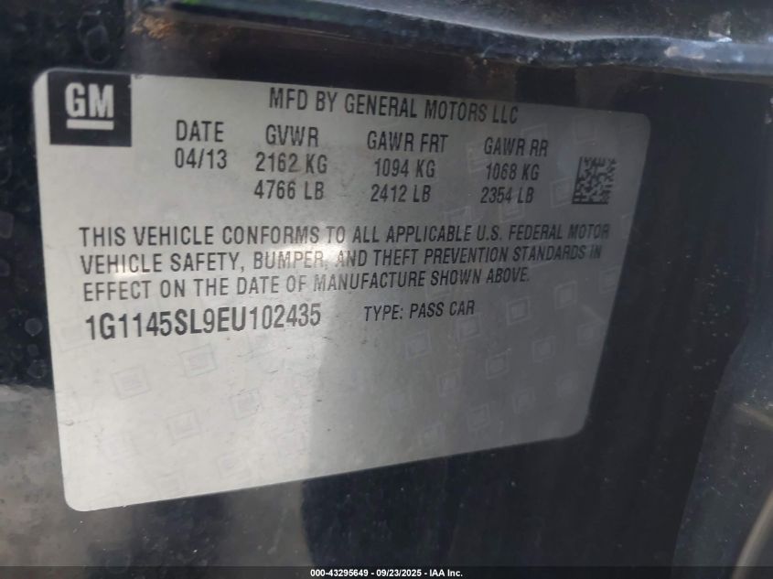 2014 Chevrolet Impala 1Lz VIN: 1G1145SL9EU102435 Lot: 43295649