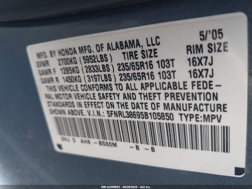 2005 Honda Odyssey Ex-L VIN: 5FNRL38695B105850 Lot: 43295653