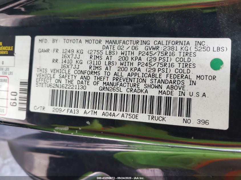 2006 Toyota Tacoma Prerunner V6 VIN: 5TETU62N16Z221130 Lot: 43295672