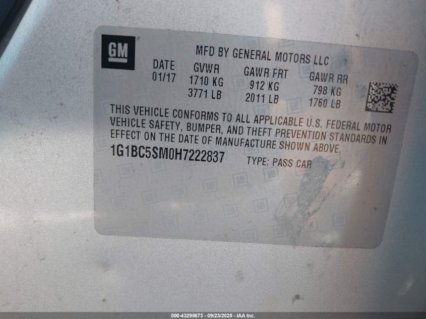 2017 Chevrolet Cruze Ls Auto VIN: 1G1BC5SM0H7222837 Lot: 43295673