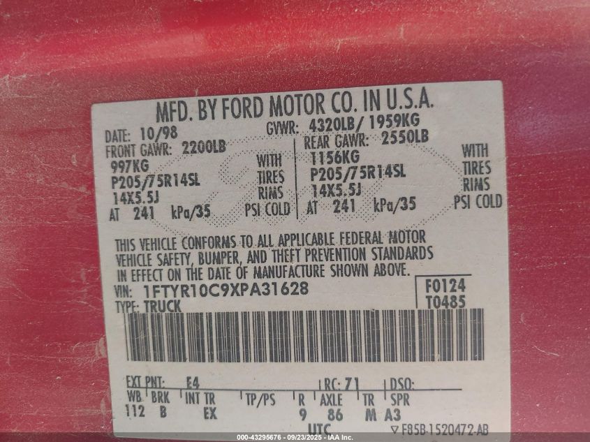 1999 Ford Ranger Xl/Xlt VIN: 1FTYR10C9XPA31628 Lot: 43295676