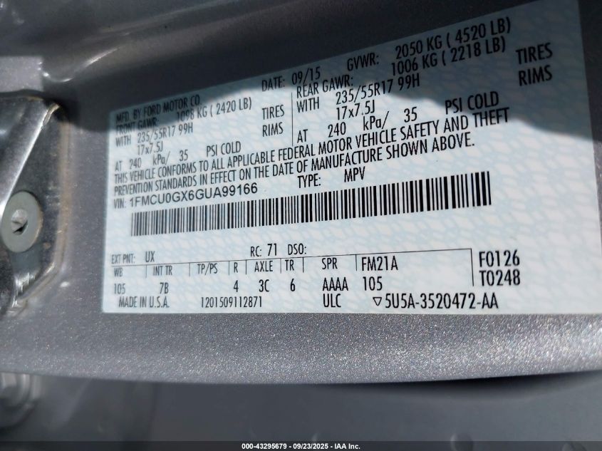 2016 Ford Escape Se VIN: 1FMCU0GX6GUA99166 Lot: 43295679