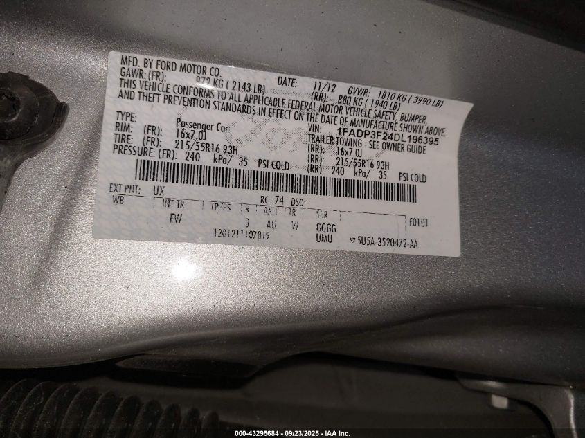 2013 Ford Focus Se VIN: 1FADP3F24DL196395 Lot: 43295684